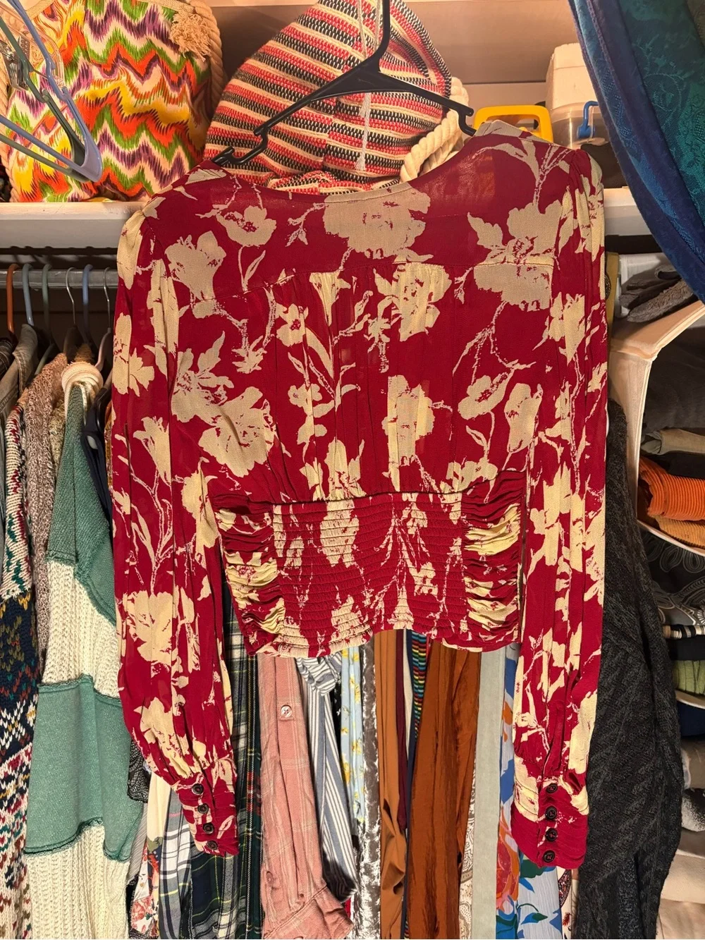 Free People 100% Rayon Red Floral Ruched Button-Front Crop Top